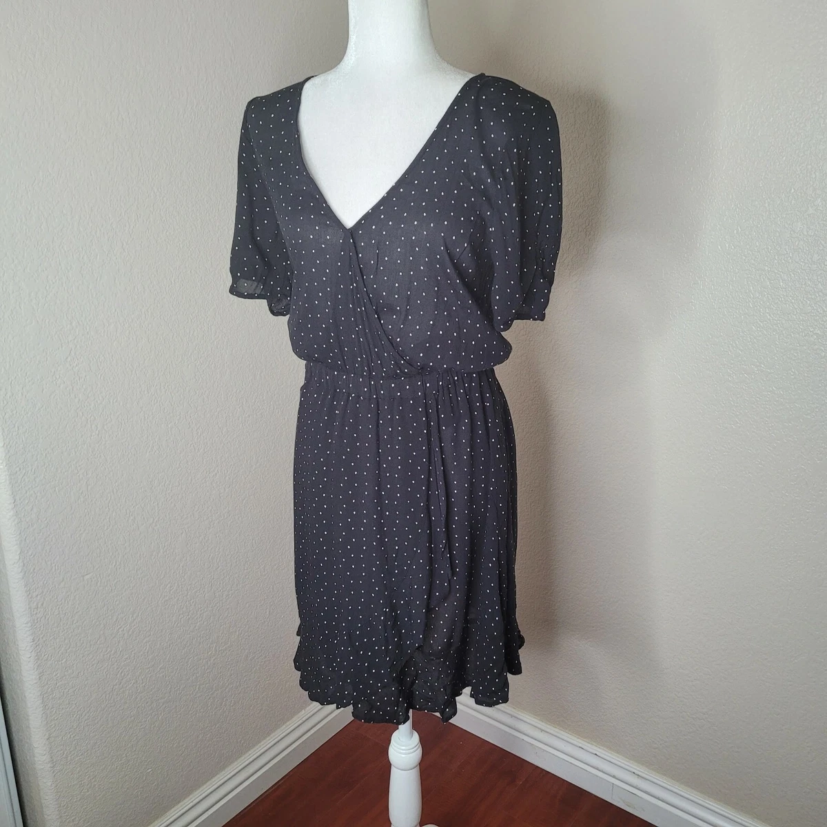Lucky Brand Black White Polka Dot Surplice A Line Dress Size Small