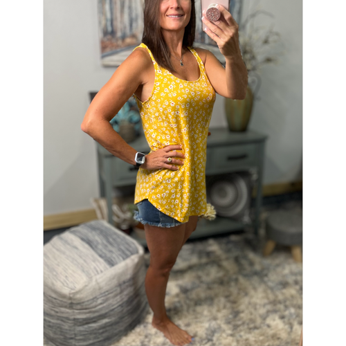 Tank Top Yellow Small Ditsy Floral Floaty Scoop Neck Summer Sleeveless Vacation - Picture 4 of 9