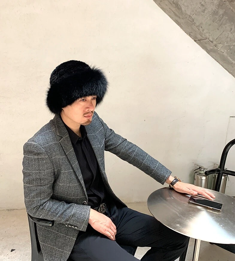 Men's Real Mink Fur Hat Fox Fur Brim Winter Warm Bucket Hat Outdoor Ski Cap - Image 4 of 4