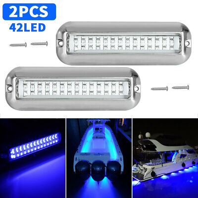 2X Blue 42 LED Underwater BOAT MARINE Transom LIGHTS 316 Stainless Steel Pontoon