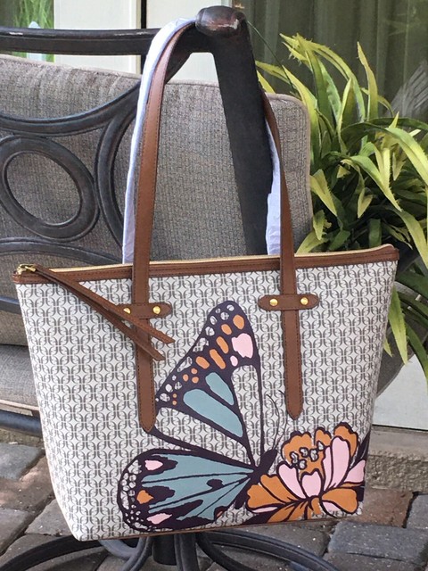 FOSSIL FELICITY TOTE SHOULDER BAG TAN SIGNATURE BUTTERFLY ...