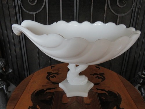 Westmoreland Milk Glass Dolphin Koi Fish 13" Shell Bowl & 9" Candle Holder Pair - Picture 11 of 24