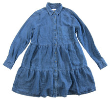 Ann Taylor Loft Blue Denim Long Sleeve Button Down Collared Tiered Shirt Dress S