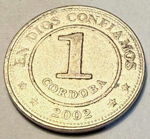 Nicaragua 1 Cordoba coin, 2002. KM# 101, nickel clad steel. Coat of arms.