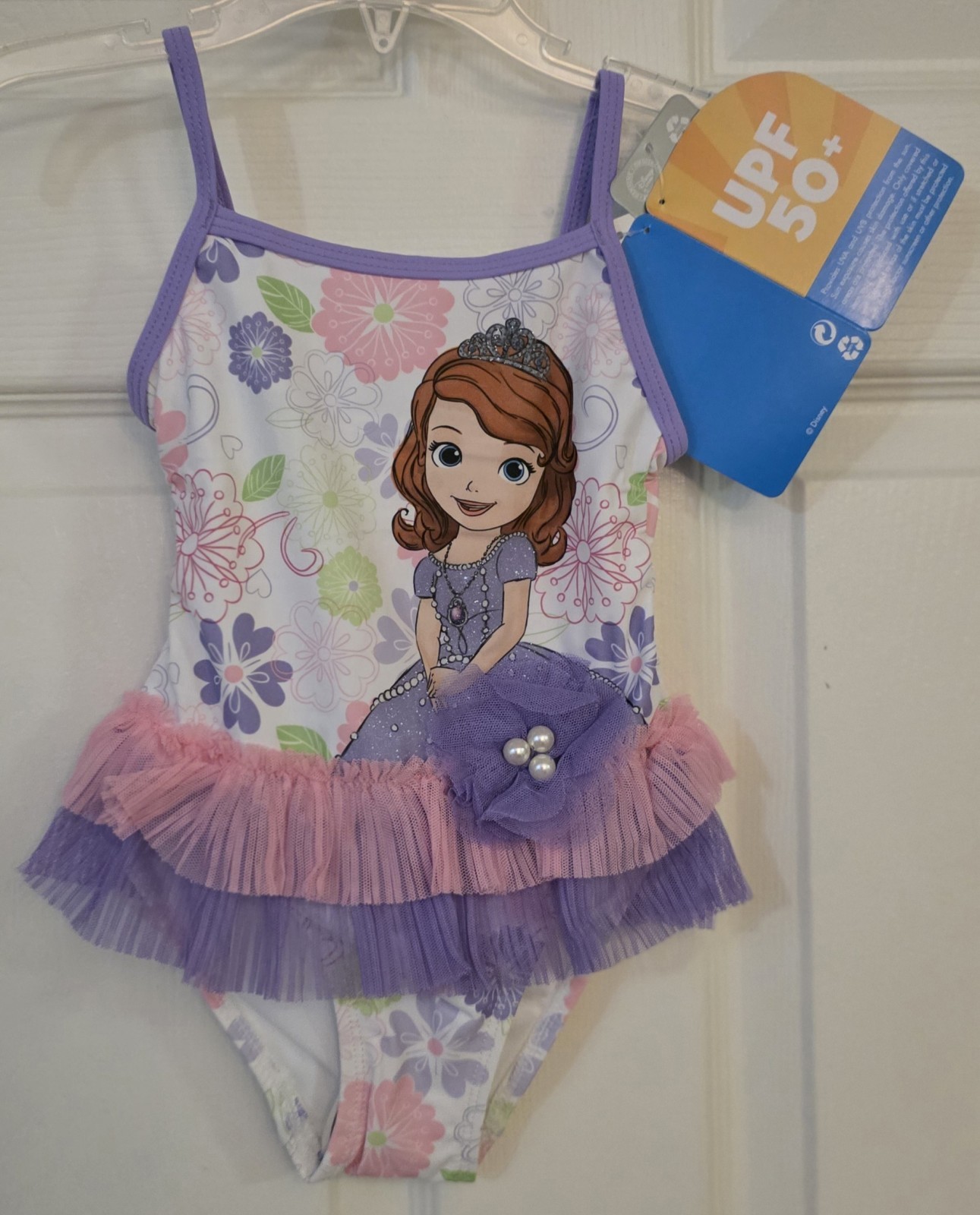 Traje de baño Disney Store Sofia The First 1 pieza talla 3 blanco UPF50+ tutú púrpura