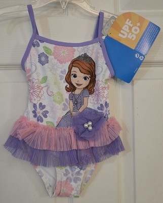 Disney Store Sofia The First 1pc Swimsuit Size 3 White UPF50+ Purple Tutu