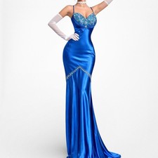 Vintage Y2K Blue Satin Fit Flared Beaded Maxi Prom Formal Dress Size S/M