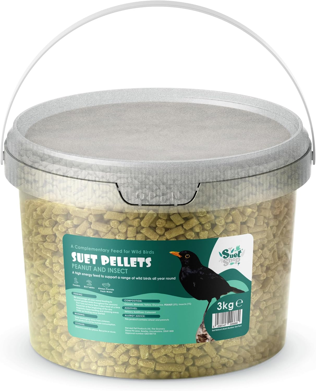 Peanut & Insect Suet Pellets, 3Kg Resealable Tub - Wild Bird Food Enriched with