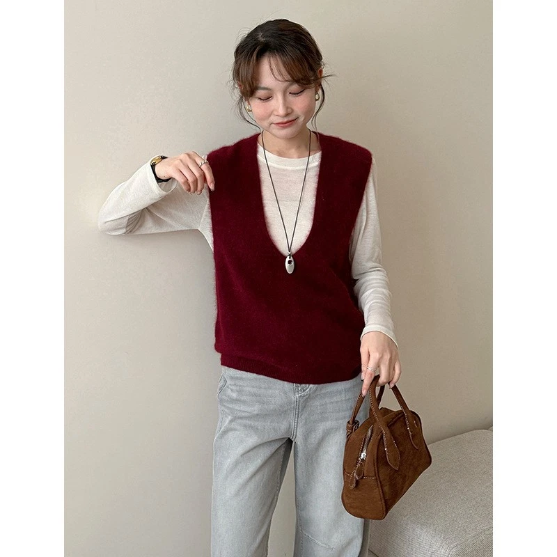 Women's Wool Cashmere Deep V Neck Sleeveless Vest Tank Top Knit Sweater Pullover - Image 4 of 4