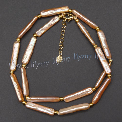 Natural Pink Freshwater Long Stick Rectangle Pearl Necklace Bracelet Earring Set - Picture 3 of 18