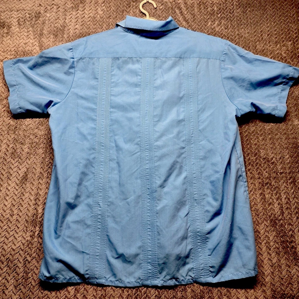 Haband Guayabera Shirt Men’s L Blue Embroidered Zip Front Cuban Short Sleeve - Image 2 of 4