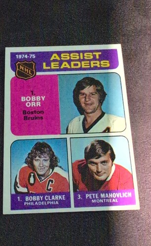 Assist Leaders [Orr, Clarke, Mahovlich] #209 1975 Topps card