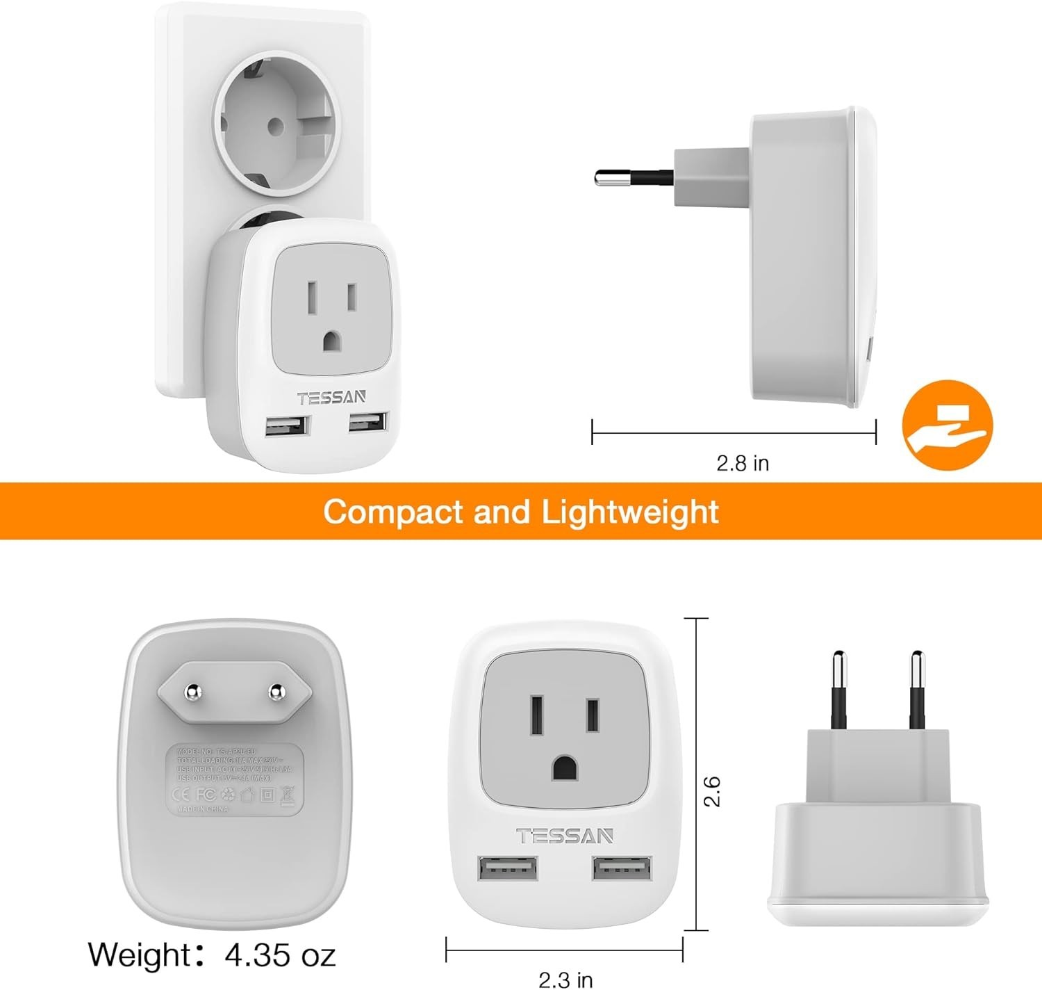 European Plug Travel Adapter with USB Ports Power Plug Charger for US to Europe