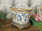 Vintage Porcelain Crackle Floral Jardinière Ormolu Brass Footed Cachepot Planter — photo 7
