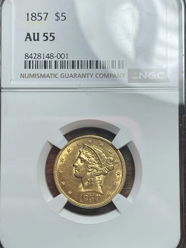 1857  $5 Liberty Gold Half Eagle Coin NGC  AU-55