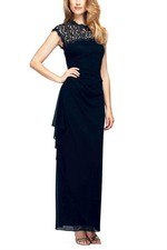 Alex Evenings Metallic Lace Neckline Gathered Side Mesh Gown Size 6