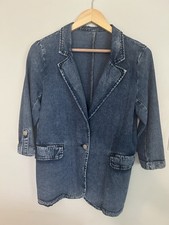 Navy Button Collared Denim Jacket Women's Mid-Length 3/4 Sleeve Small QT1004