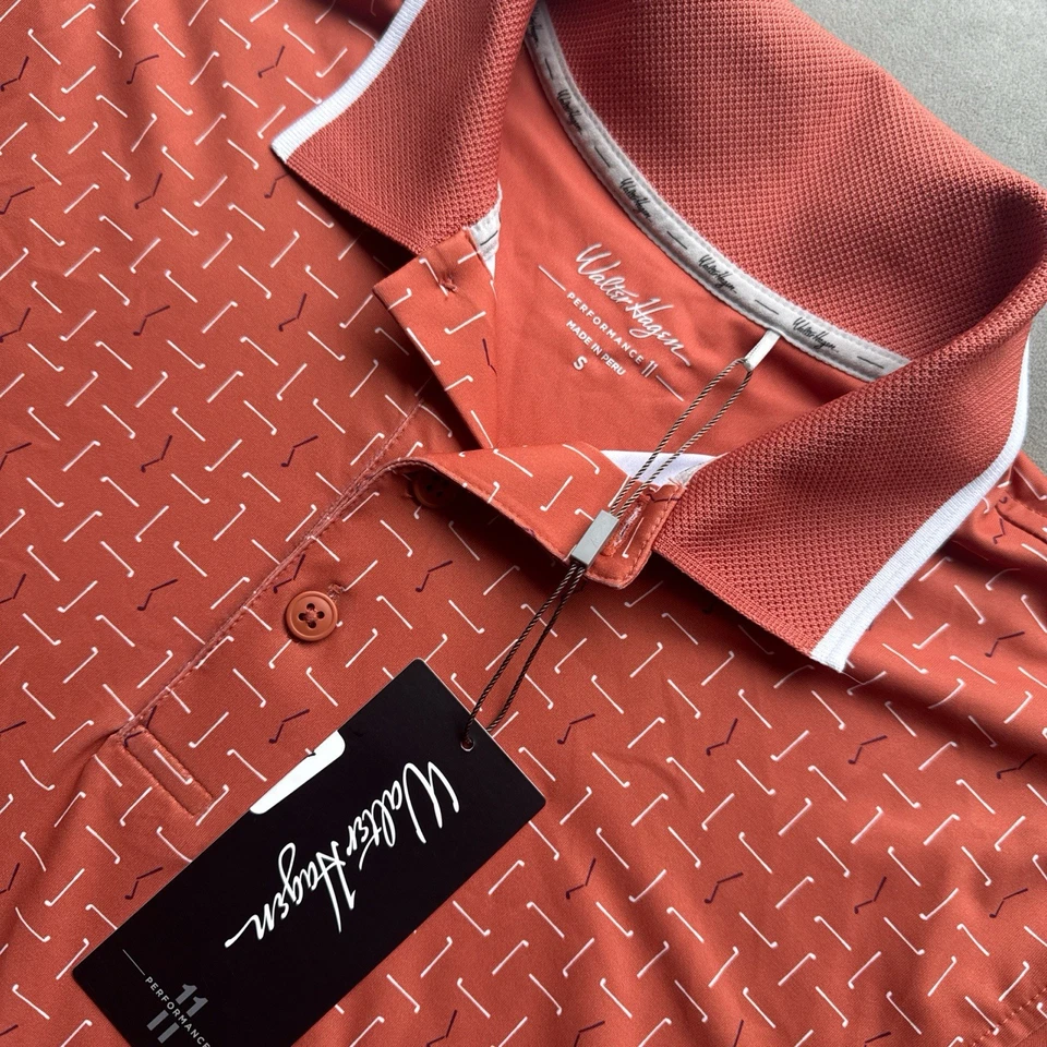 Walter Hagen P11 男式小号 (S) 破损 Geo Leaf 橙色高尔夫 Polo 全新带标签 MSRP $70 — 第 2/3 张图片