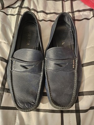PRADA Men's 9 US Saffiano Leather Driving Moccasins Loafers Shoes Blue