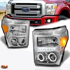 For 11-16 Ford Super Duty LED Halo Ring Projector Headlight Amber Corner Chrome