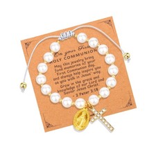 First Holy Communion Bracelet, Baptism Gift Virgin Mary Pearl Beads Bracelet ...