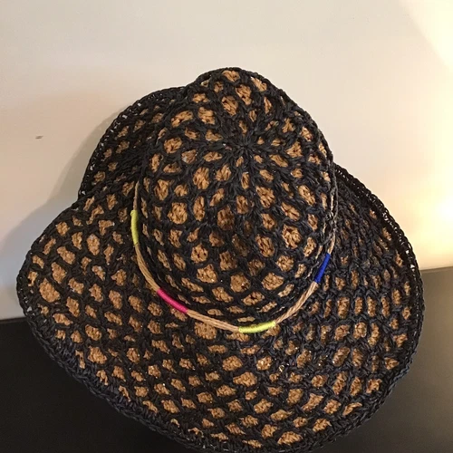 Betsey Johnson Straw Hat Womens Sun Floppy Wide Brim Black Tan