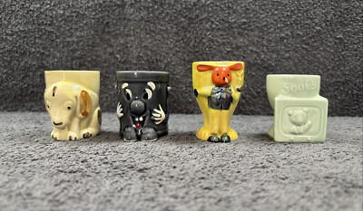4 x Restposten Selten Retro Kinder Style Eierbecher - Ruß, Mülleimer, Hase + Hund