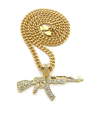 ビンテージ　コカイン　マリファナ　ak47 PLAYBOY　ネックレス　ワッペン MENS SILVER MACHINE GUN AK47 CHOPPER PENDANT CUBAN CHAIN NECKLACE