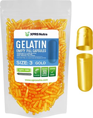 XPRS Nutra Size 3 Gold Empty Gelatin Capsules Gelcap Kosher Caps Pill Gel