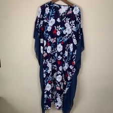 Navy Floral Kaftan/Maxi Dress Sheer Detailing Boho Beach READ
