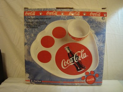 Coca-cola Two Piece Ceramic Chips and Dip Set - Bear Paw Shaped Tray w/ Dip Bowl