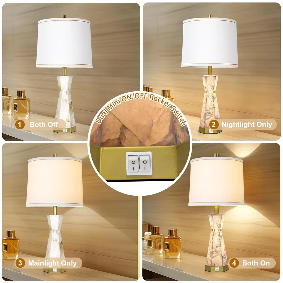 Natural Alabaster Table LampLiving Room Lamps Set of 2Nightstand Lamp with Ni... - Image 3 of 4