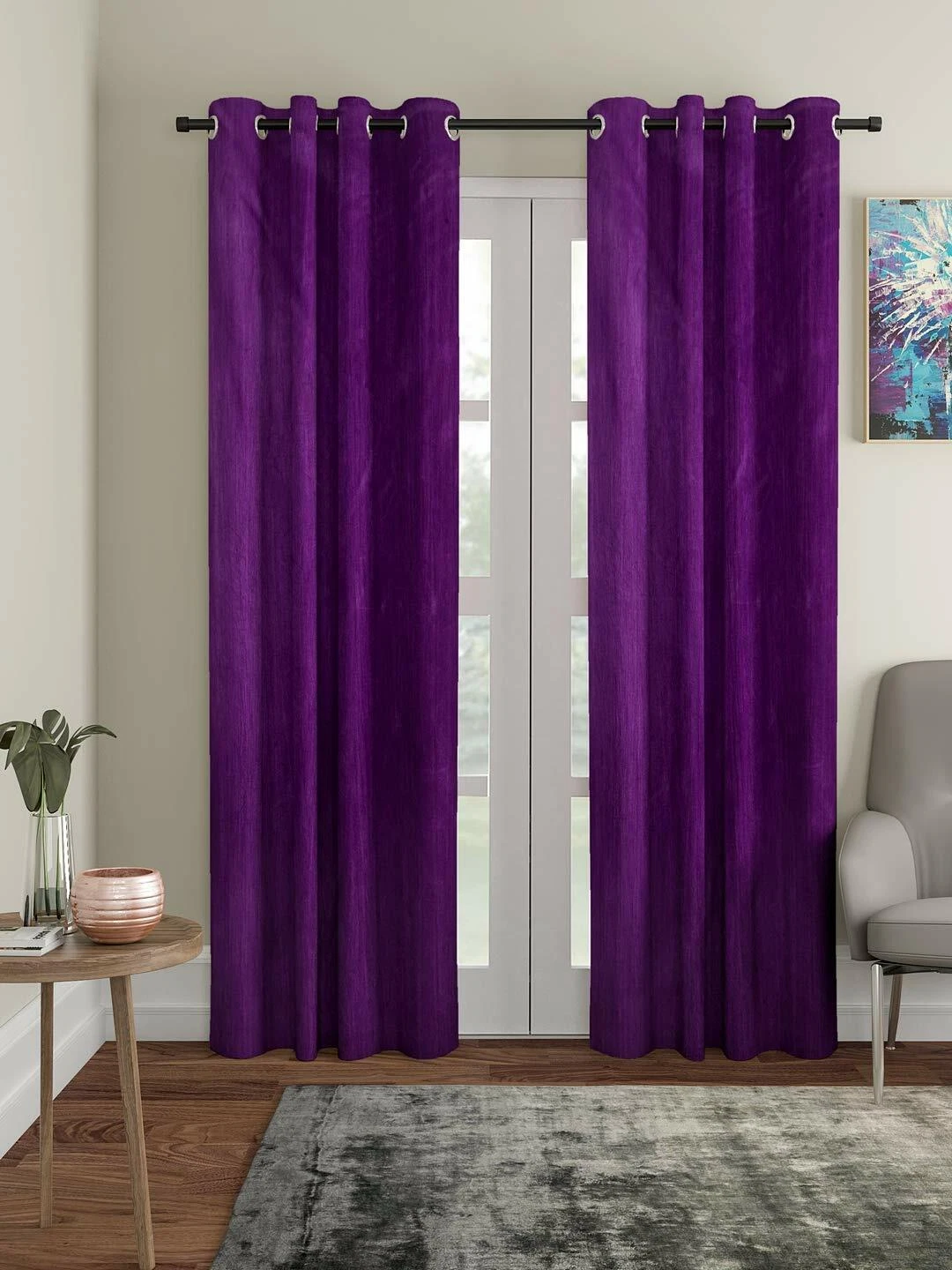 New 2 Piece Eyelet Polyester Door Curtain Set - 7 feet Purple