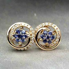 Lab-Created Sapphire Round Cut 2Ct Women's Stud Earring 14k Yellow Gold Plated