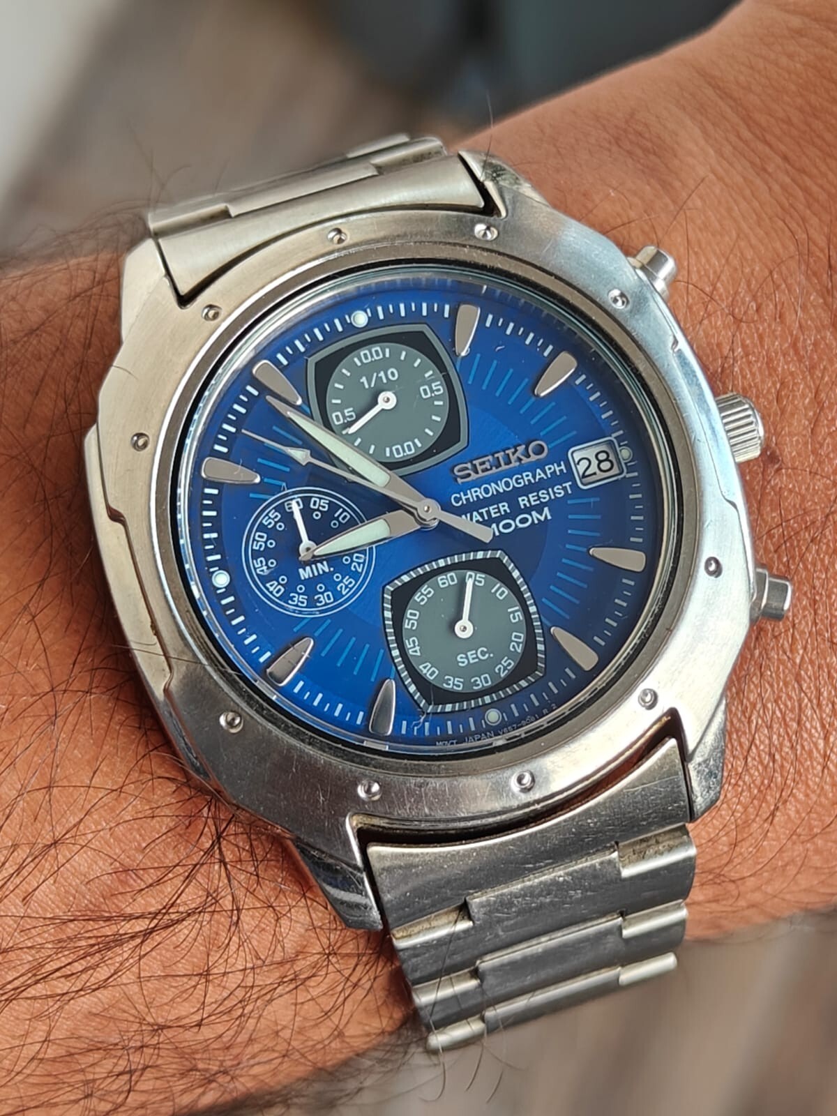 Vintage Seiko V657-9060 Chronograph Blue Dial 40MM Japan Movement Rare 100m Water Resistant