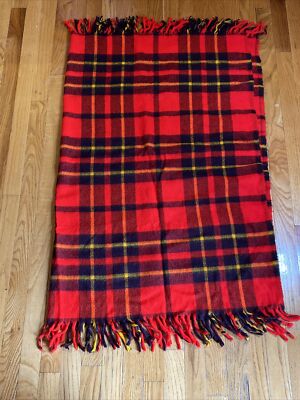 Vintage Faribo Red Plaid Wool Fluff Loomed Fringed Stadium Throw Blanket 45 x52 