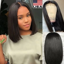 Heat Resistant Short Bob Synthetic Lace Front Wigs Glueless Black Straight Hair