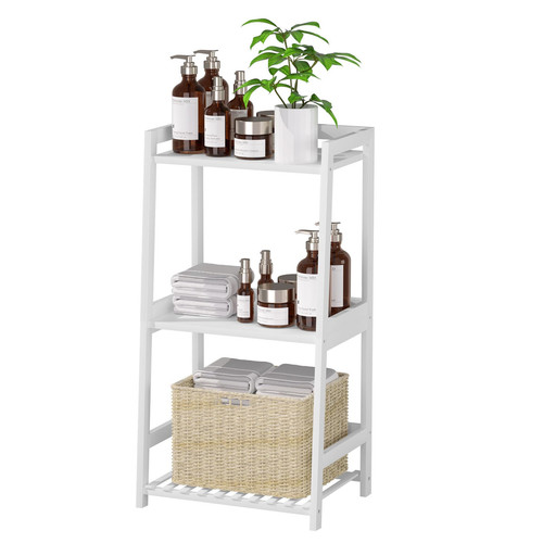 Bathroom Shelves, 3 Tier Ladder Shelf Bamboo Nightstand Open Shelving, Booksh...
