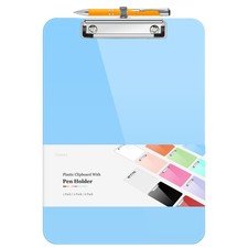 Plastic Clipboard with Pen Holder Blue 8.5x11 A4 Letter Size Low Profile Clip