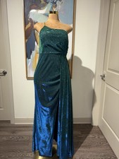 Woman’s Green Glittery Dress Size L, Slit On Side Sexy Long