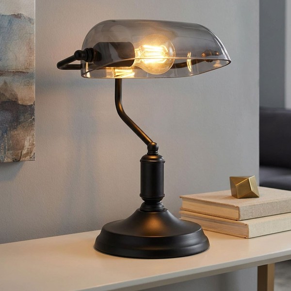 Bankerlampe Tischleuchte Schreibtischlampe Rauchglas Leselampe Schwarz H 32Cm-image