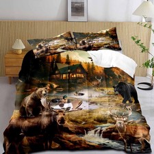 LUVIVIHOME 3PCS Black Bear Moose Elk Deer Comforter Set King Size, Rustic Cab...