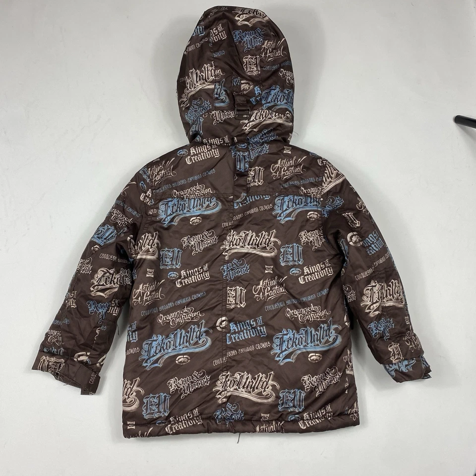 Ecko Unltd Niños Puffer Marrón Y2K Esquí Cremallera Estampado Completo Capucha de Piel Talla 3T Usado Foto 3 de 4