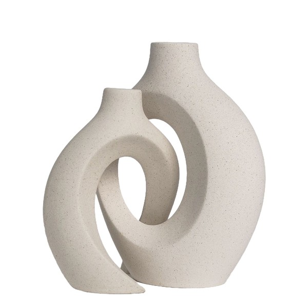Vase Weiß Matt Keramik 2Er Set Deko Vase Nordic Ring Form Vintage Boho Style-image