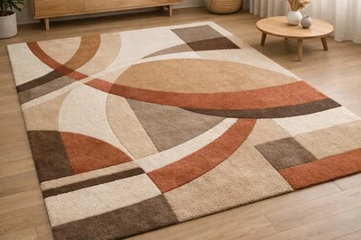 Hand Tufted Wool Abstract Rug, Modern Geometric Beige Terracotta Area Rug Carpet