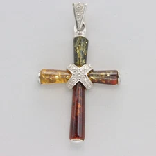 Multi-Color BALTIC AMBER Cross Pendant 925 STERLING SILVER Necklace Poland 6834e