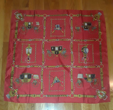 Vintage Glentex Hand Rolled Red Gold Horse Carriages Silk Blend Square Scarf 26"