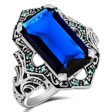10CT Treated Sapphire  Aquamarine 925 Sterling Silver Art Deco Ring Sz 6 US7