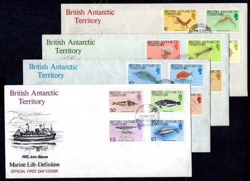 British Antarctic Territory 1984 Marine Life Definitives on 4 x First Day Cover