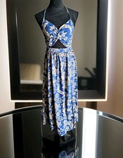 SHEIN Blue Floral Maxi Summer Dress Sz SM Sleeveless Halter With stretchy Waist